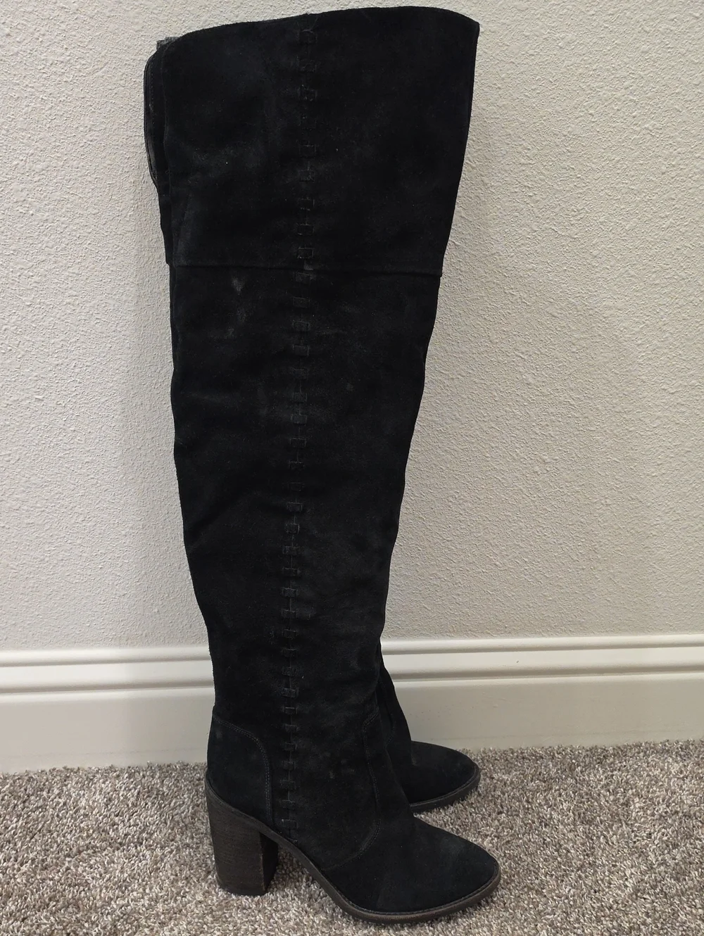 Vince Camuto Black Leather Over-the-Knee Block Heel Boots, Size 9